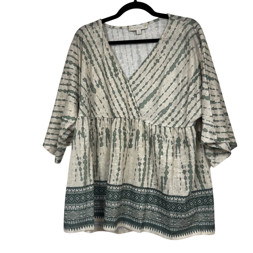 Weekend Susan Betro Green Cream Boho Peplum Blouse Womens XL Faux Wrap Top